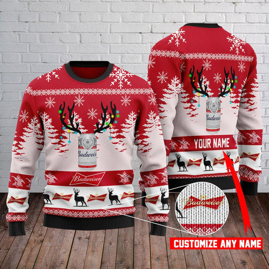 Personalized Budweiser Christmas Reindeer Horns Ugly Sweater
