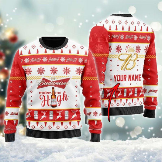 Personalized Budweiser Makes Me High Christmas Ugly Sweater