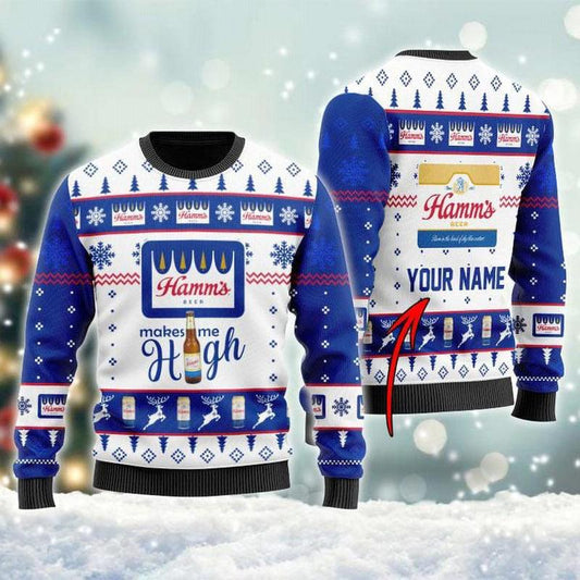 Personalized Hamm's Beer Makes Me High Christmas Ugly Sweater