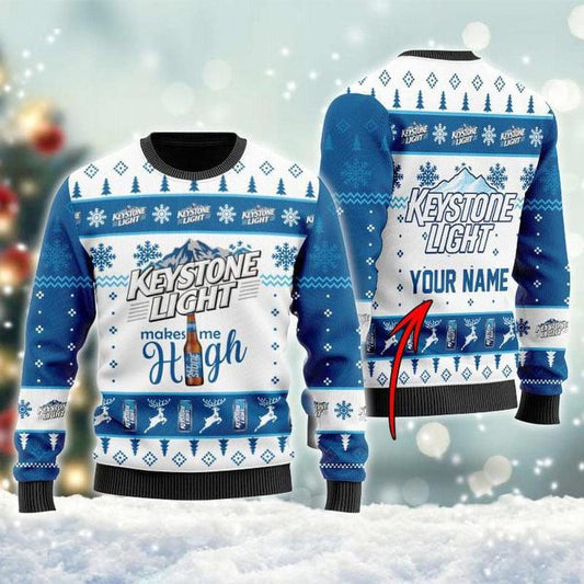 Personalized Keystone Light Makes Me High Christmas Ugly Sweater