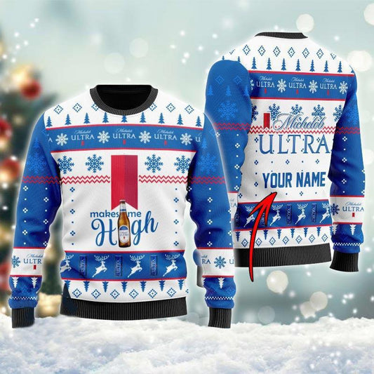 Personalized Michelob ULTRA Makes Me High Christmas Ugly Sweater