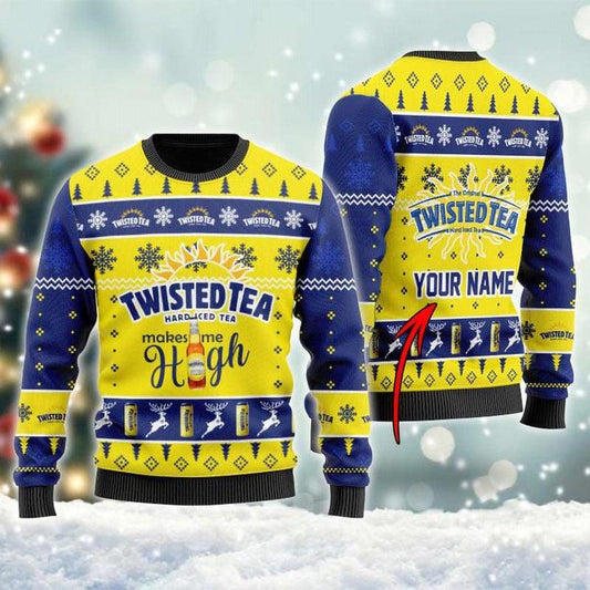 Personalized Twisted Tea Makes Me High Christmas Ugly Sweater
