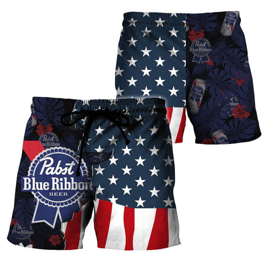 USA Tropical Flag Pabst Blue Ribbon Hawaiian Shorts PBR Swim Trunks
