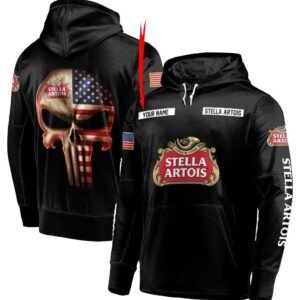 Personalized Black USA Flag Skull Stella Artois Hoodie