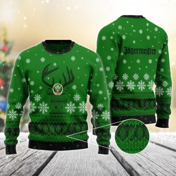 Green Jagermeister Reindeer Snowy Christmas Sweater