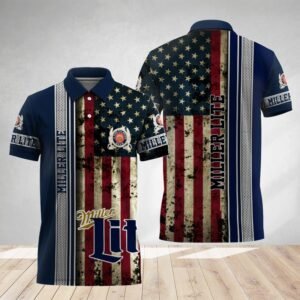 Miller Lite Stainless Steel American Flag Polo Shirt