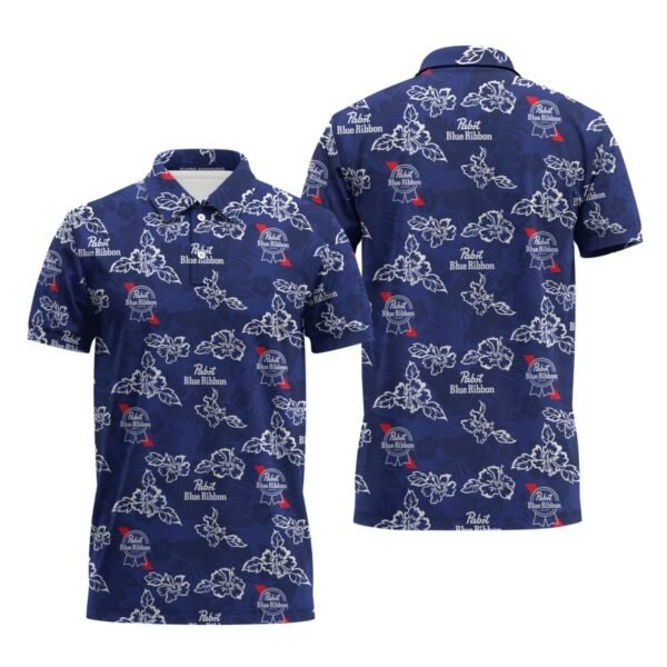 Pabst Blue Ribbon Hibiscus Flower Polo Shirt