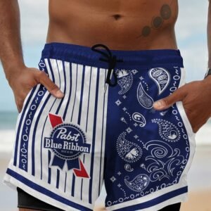 Paisley Half White Pabst Blue Ribbon Compression Liner Swim Trunks - Flexiquor.com