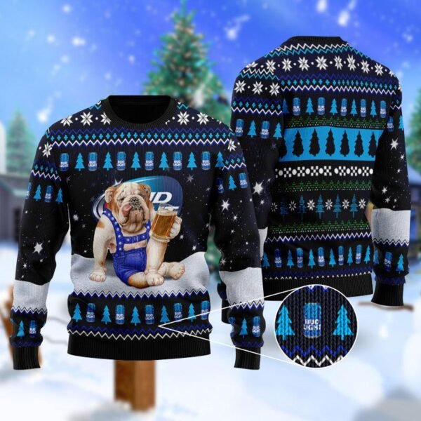 Bulldog Drink Bud Light Beer Christmas Ugly Sweater