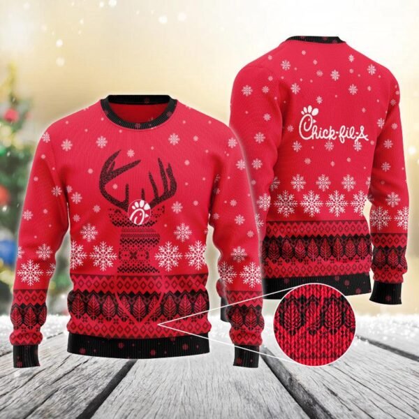 Red Chick-Fil-A Reindeer Snowy Christmas Sweater