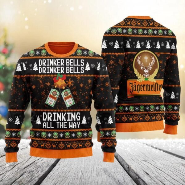 Jagermeister Drinker Bells Drinking All The Way Christmas Ugly Sweater
