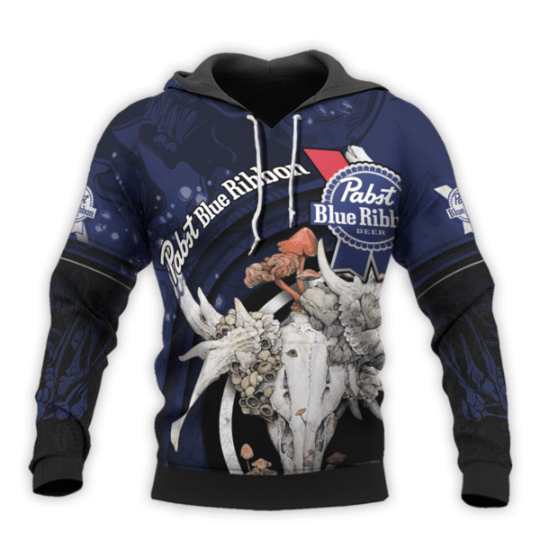 Personalized Pabst Blue Ribbon Deer Skull With Mushrooms Hoodie & Zip Hoodie