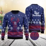 Blue Pabst Blue Ribbon Reindeer Snowy Christmas Sweater