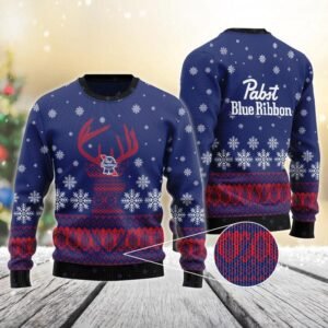 Blue Pabst Blue Ribbon Reindeer Snowy Christmas Sweater