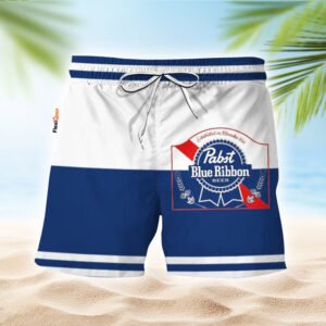 Pabst Blue Ribbon Blue And White Basic Swim Trunks - Flexiquor.com