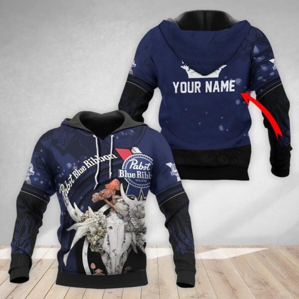 Personalized Pabst Blue Ribbon Deer Skull With Mushrooms Hoodie & Zip Hoodie