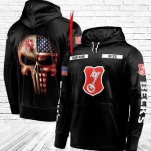 Personalized Black USA Flag Skull Becks Beer Hoodie