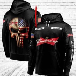 Personalized Black USA Flag Skull Budweiser Beer Hoodie