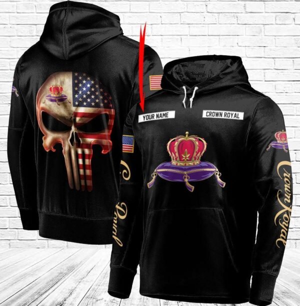 Personalized Black USA Flag Skull Crown Royal Hoodie