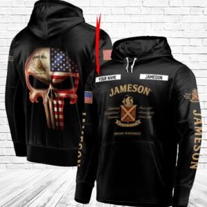Personalized Black USA Flag Skull Jameson Whiskey Hoodie