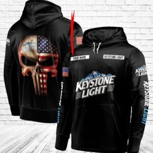 Personalized Black USA Flag Skull Keystone Light Hoodie