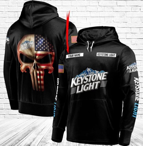 Personalized Black USA Flag Skull Keystone Light Hoodie