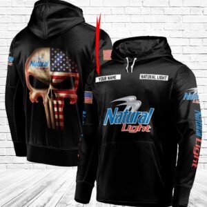 Personalized Black USA Flag Skull Natural Light Hoodie