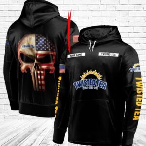 Personalized Black USA Flag Skull Twisted Tea Hoodie