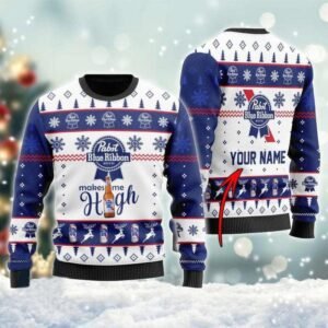 Personalized Pabst Blue Ribbon Makes Me High Christmas Ugly Sweater